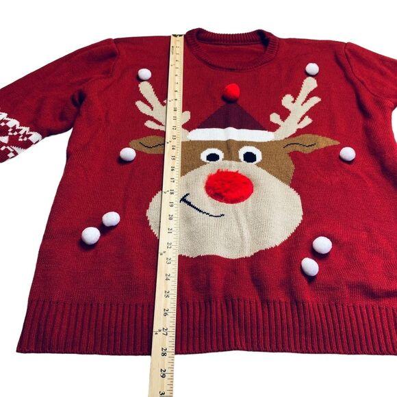 Christmas Sweater Nordic Reindeer Pom Poms Fuzzy Red Nose Thick Unisex Adult 2XL - Picture 5 of 16
